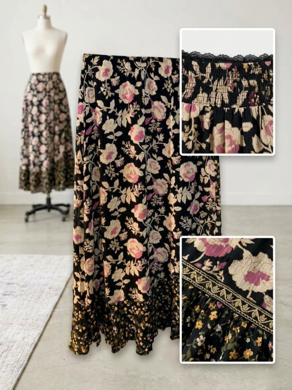 Angie Rayon Floral Boho Tiered Midi/Maxi Skirt - Made in India